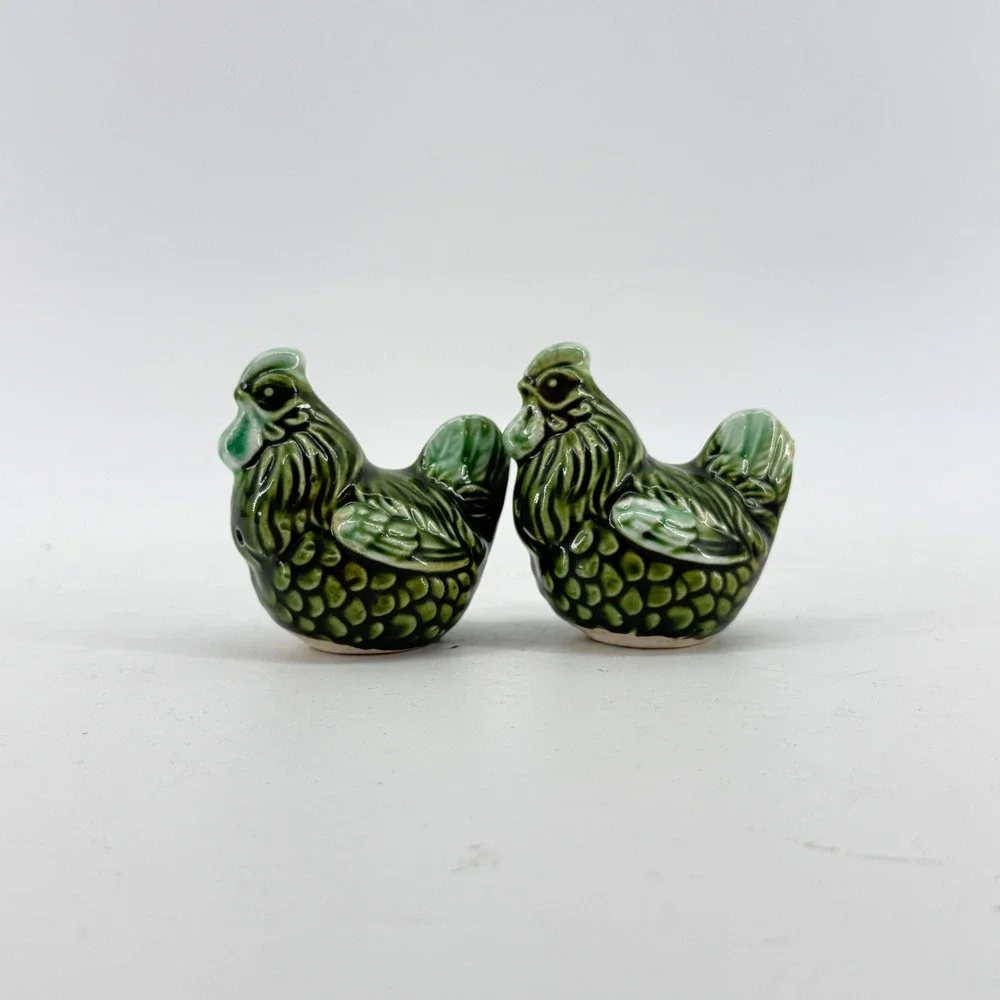 Rooster Chicken Hen Salt Pepper Shakers Green Ceramic Drip Glaze Set Intricate